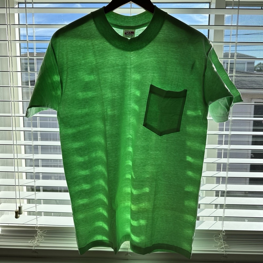 Vintage 80s Selvedge Pocket T-Shirt Mens Medium Coral Green Single Stitch USA